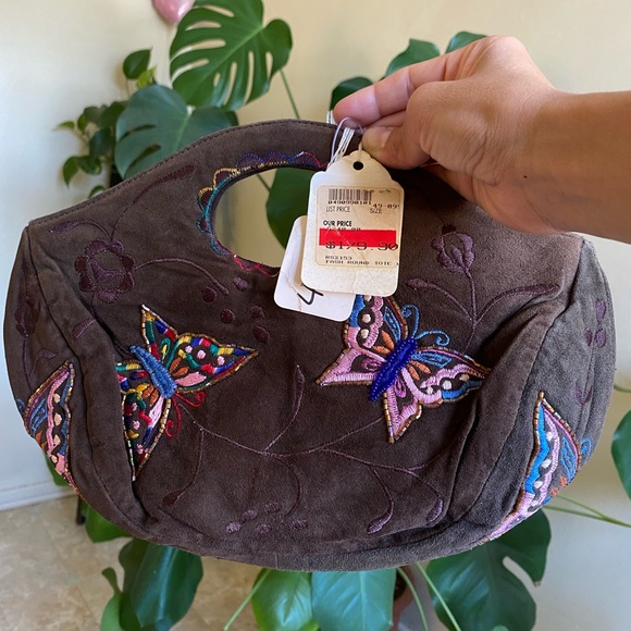 Moyna Brown Suede Clutch with Colorful Butterfly Embroidery - Picture 1 of 1